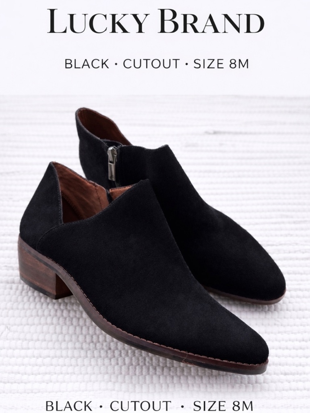 Lucky Brand Fenley Bootie Black Suede Cutout Ankle Heel 8M